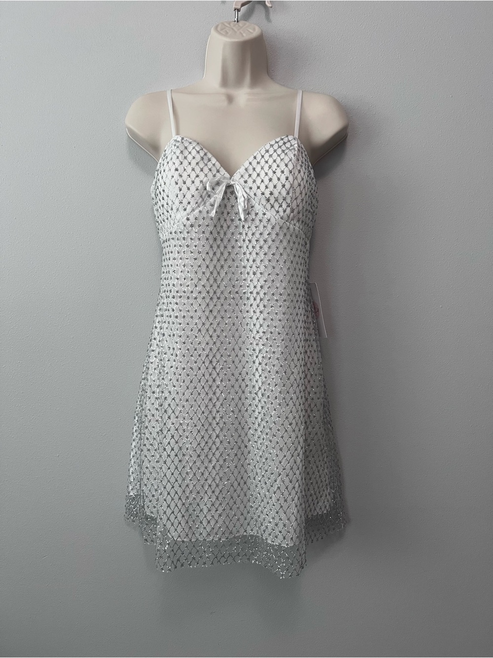 Crystal Doll White Slip Dress with Silver Mesh Overlay Size M  NWT!